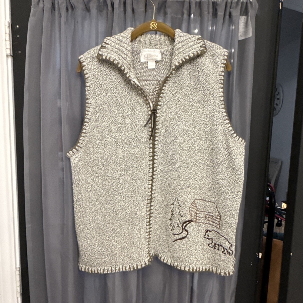 Vtg C.J. Banks Embroidered Cabin Bear Sweater Vest Full Zip Blanket Stitch 1X